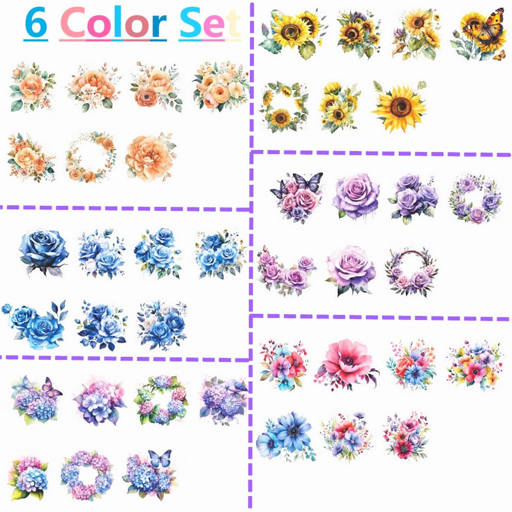 Koolemon 6Rolls Pre-Cut Floral Tape, Decorative Tape PET Flower Stickers for Crafts Journaling Scrapbook Supplies