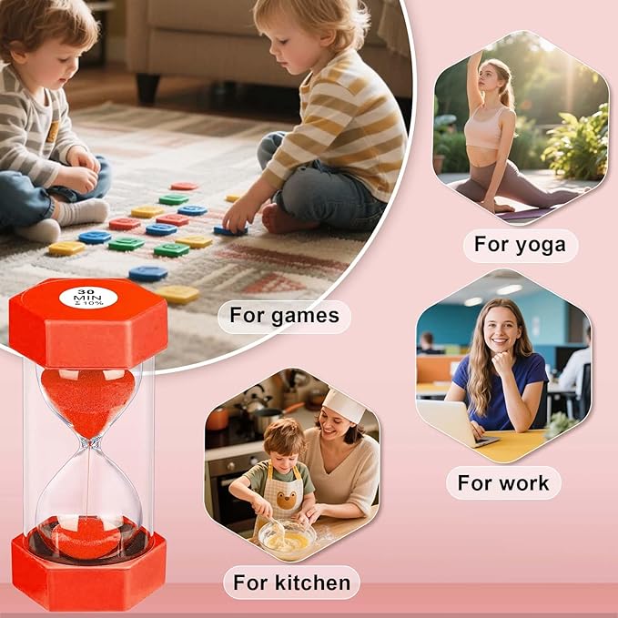 Hourglass Sand Timer 5 Minute, Plastic Hexagon Hourglass Sand Clock 5 Min, Reloj De Arena 5 Minutos,Unbreakable Colorful Hour Glass Sandglass for Classroom Games Kitchen (Red)