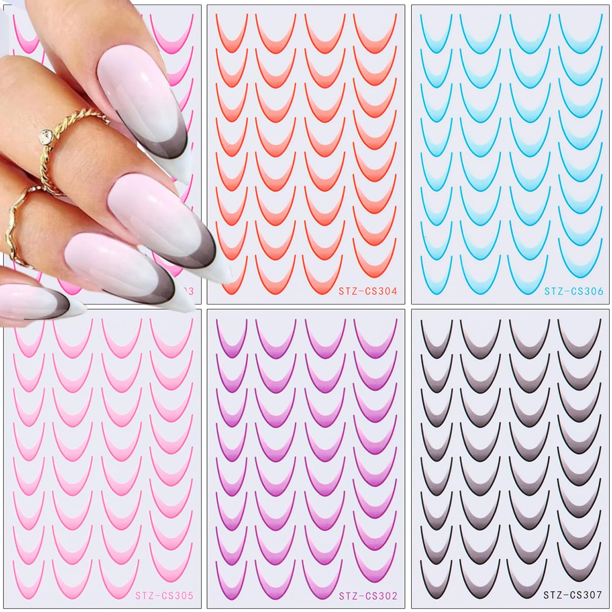 Gradient Colorful French Line Nail Art Stickers - 3D Self-Adhesive Tips Guides, Stripe Curved Lines Designs Transfer Decals for DIY Stencil Tools - 6Pcs