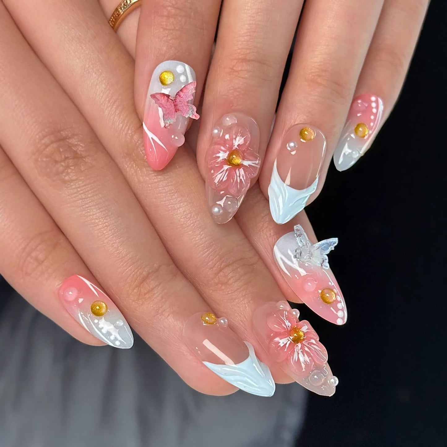 French Press on Nails Handmade Almond Nails Nude Medium Fake Nails with 5D Flower Art & Pear Design Handmade Nail Acrylic Nature False Nails for Wome (Size M)