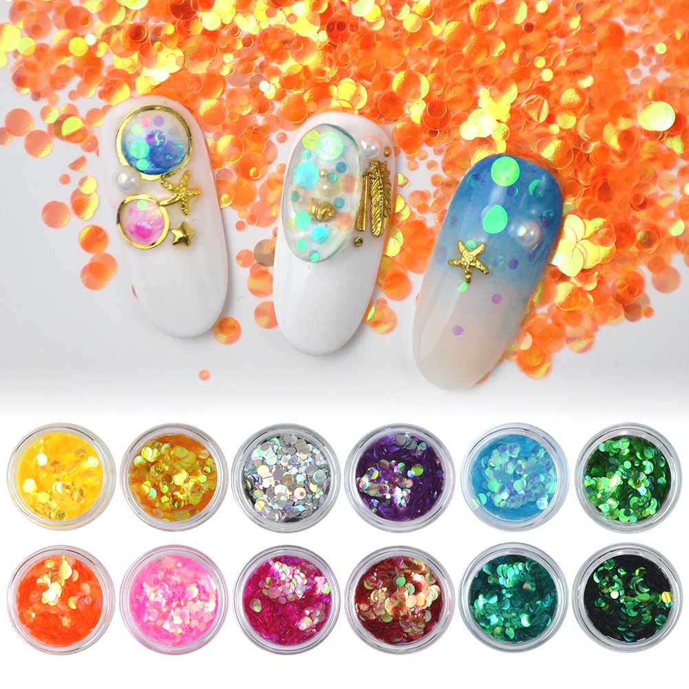 Yeslady Nail Glitters Mylar Slices Sequins Chunky Iridescent Flakes Round Mermaid Charms DIY Art Sticker Tips Decoration 24Boxes