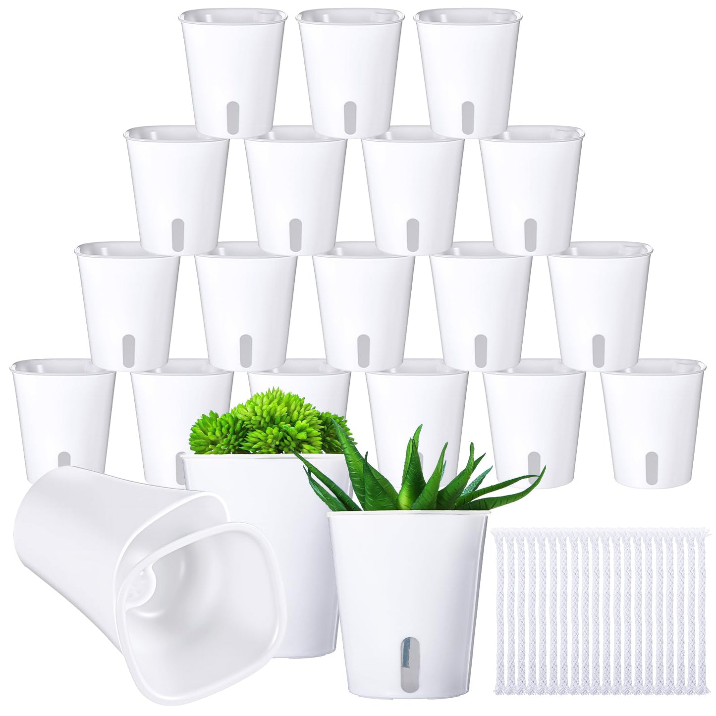 HekouJiub 20 Sets 3" Self Watering Pots, White Self Watering Planters for Indoor Plants, Small Plastic Self Watering Garden Pots with Level Indicator and Vents for House Plants, Flowers