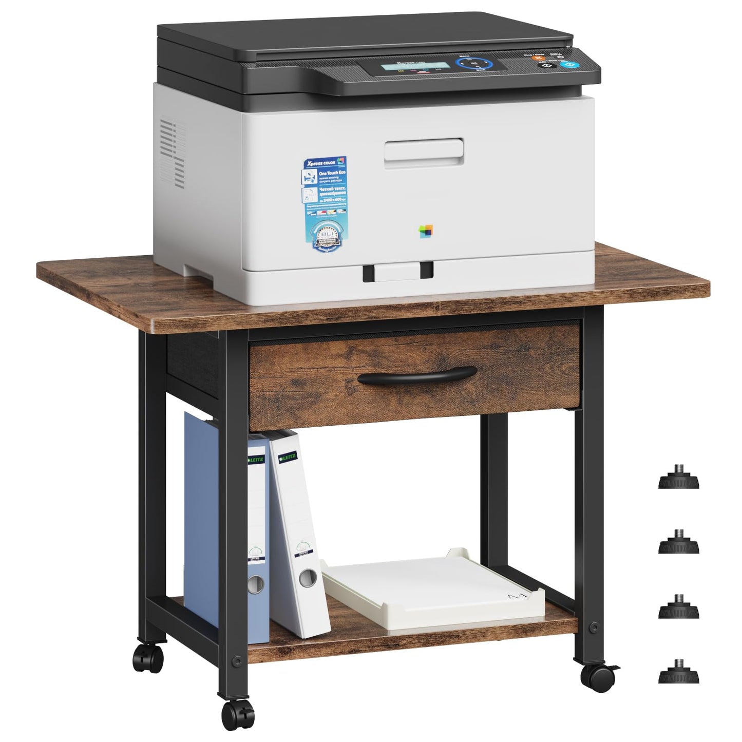 YAOHUOO Large Printer Stand with Storage Drawer, 2-Tier Under Desk Table for Home Office, Fits Fax Machine/3D Printer/Scanner (Brown)