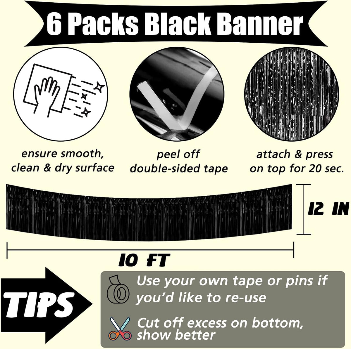 6 Pack 10 Feet 2024 New Year Foil Fringe Garland Metallic Tinsel Banner Wall Hanging Curtain Streamers Backdrop for Parade Floats Bachelorette Wedding Birthday Party Christmas Decorations(Black)