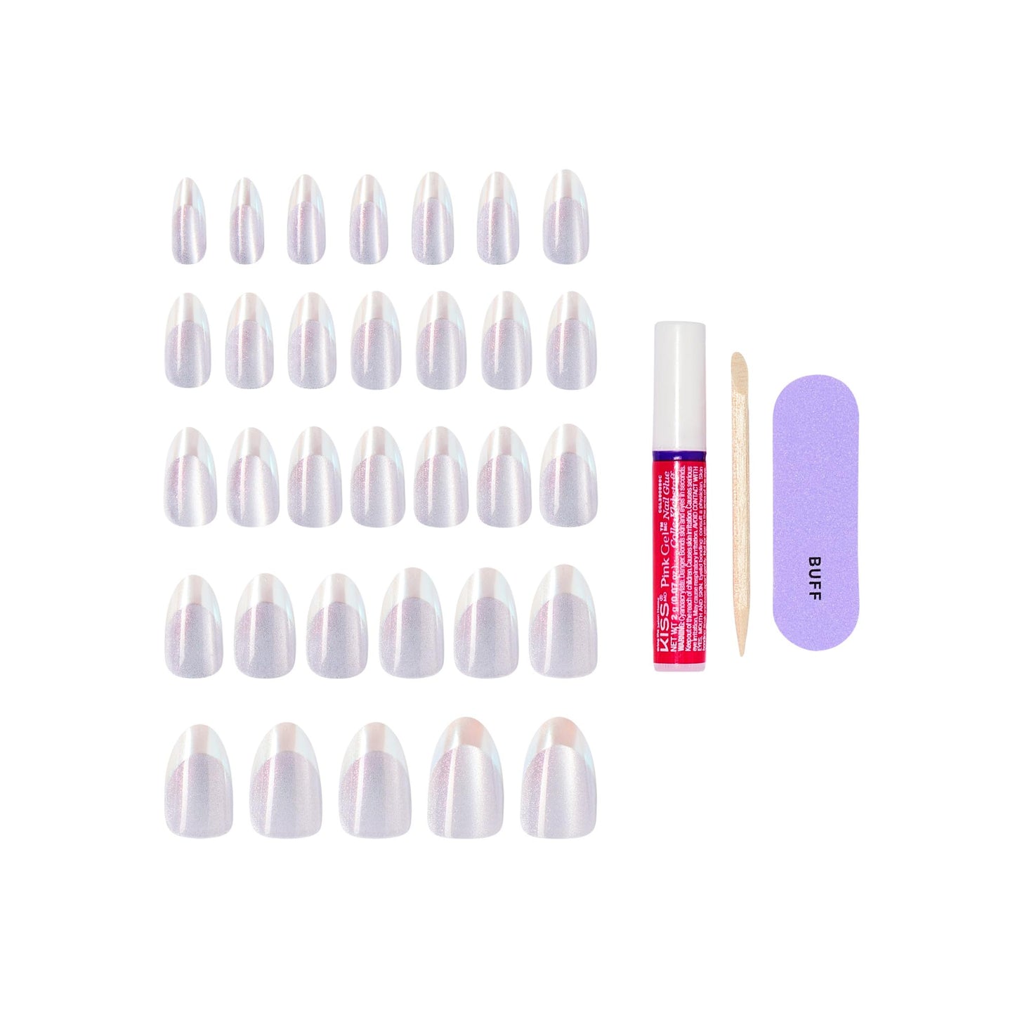 Kiss Glam, Press On Nails, Nail glue included, 'Fairy Tale', Pink, Medium Size, Almond Shape, Includes 32 Nails, 2g Glue, 1 Manicure Stick, 1 Mini File