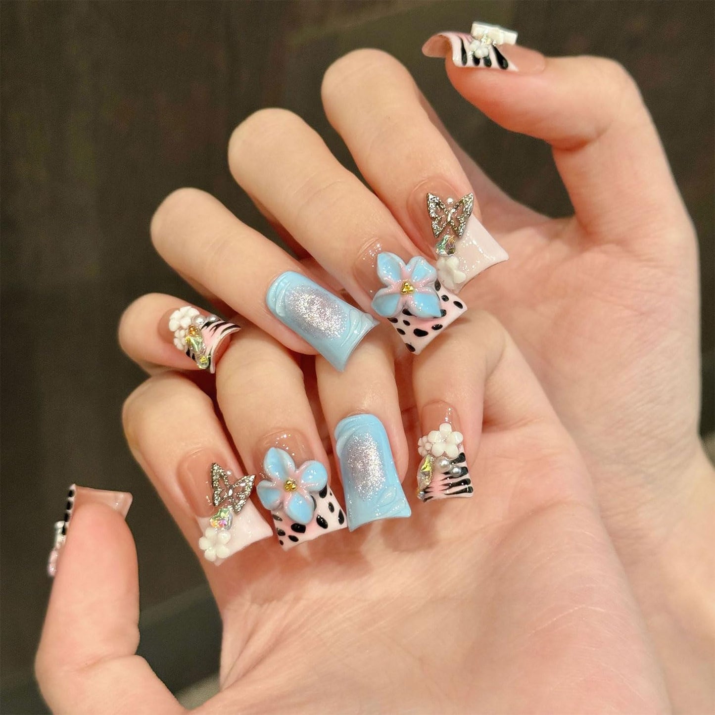 Medium Duck Press on Nails Handmade Nails Nude Pink False Nails with Luxury Rhinestone 5D Flower Art Design Thick False Nails Muti-Layer Gel Handmade Nail for Women (Size S)