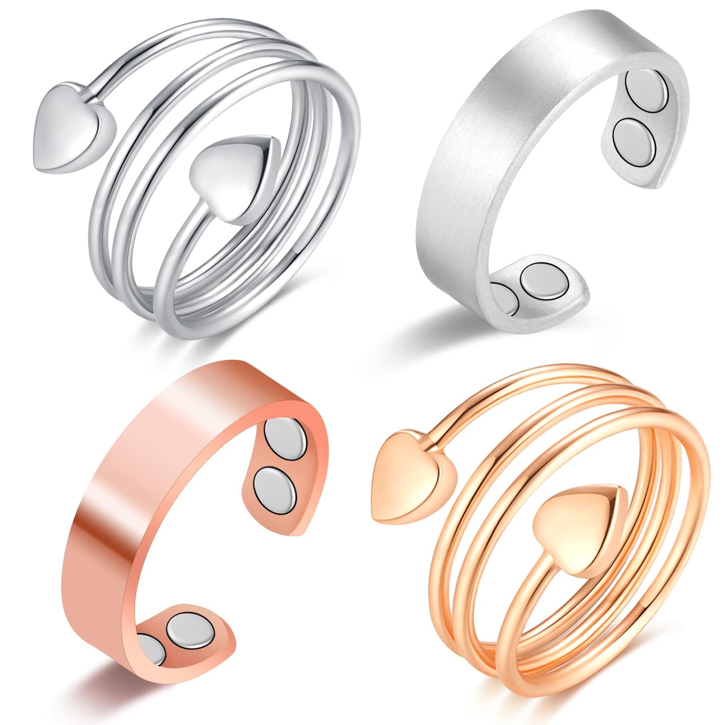 Vicmag Copper Magnetic Ring for Women, Magnetic Rings Ladies Fingers Thumb 100% Solid Pure Copper Jewelry Gift Adjustable(4PCS Glossy & Love)