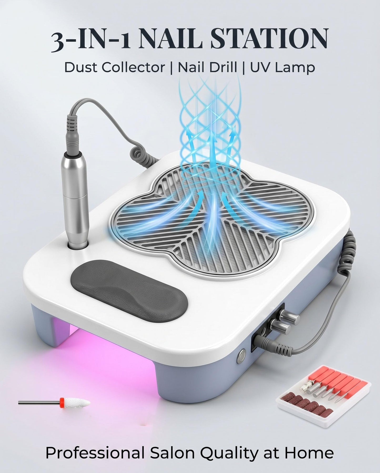 3-in-1 Nail Dust Collector & Electric Nail Drill File & UV LED Nail Lamp, Nail Kit Tech with Timer for Home Use Salon