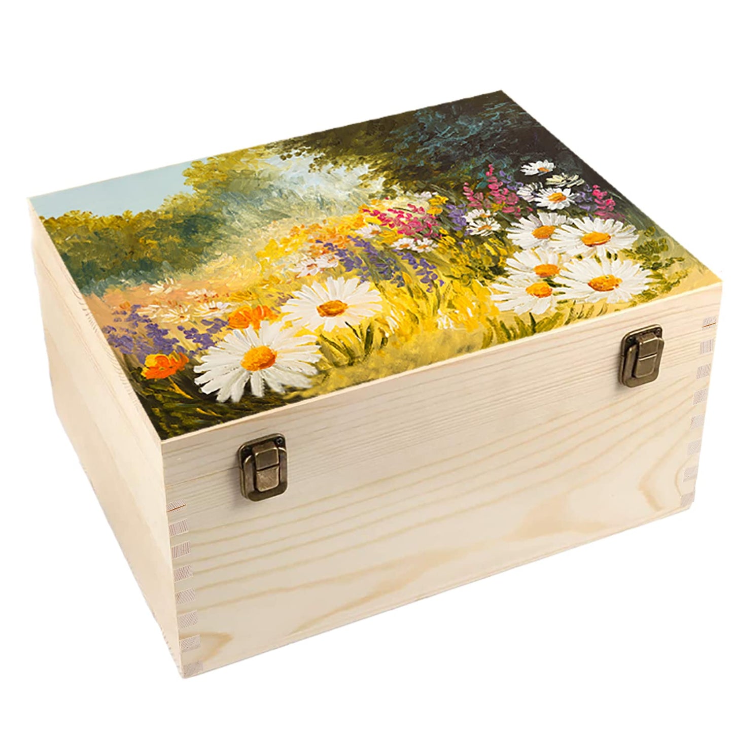 Frcctre Extral Large Unfinished Wooden Box, 13 x 10 x 6.5 inch Natural Unfinished Pine Wood Box with Hinged Lid and Front Clasp for DIY Craft Art Hobbies and Home Storage