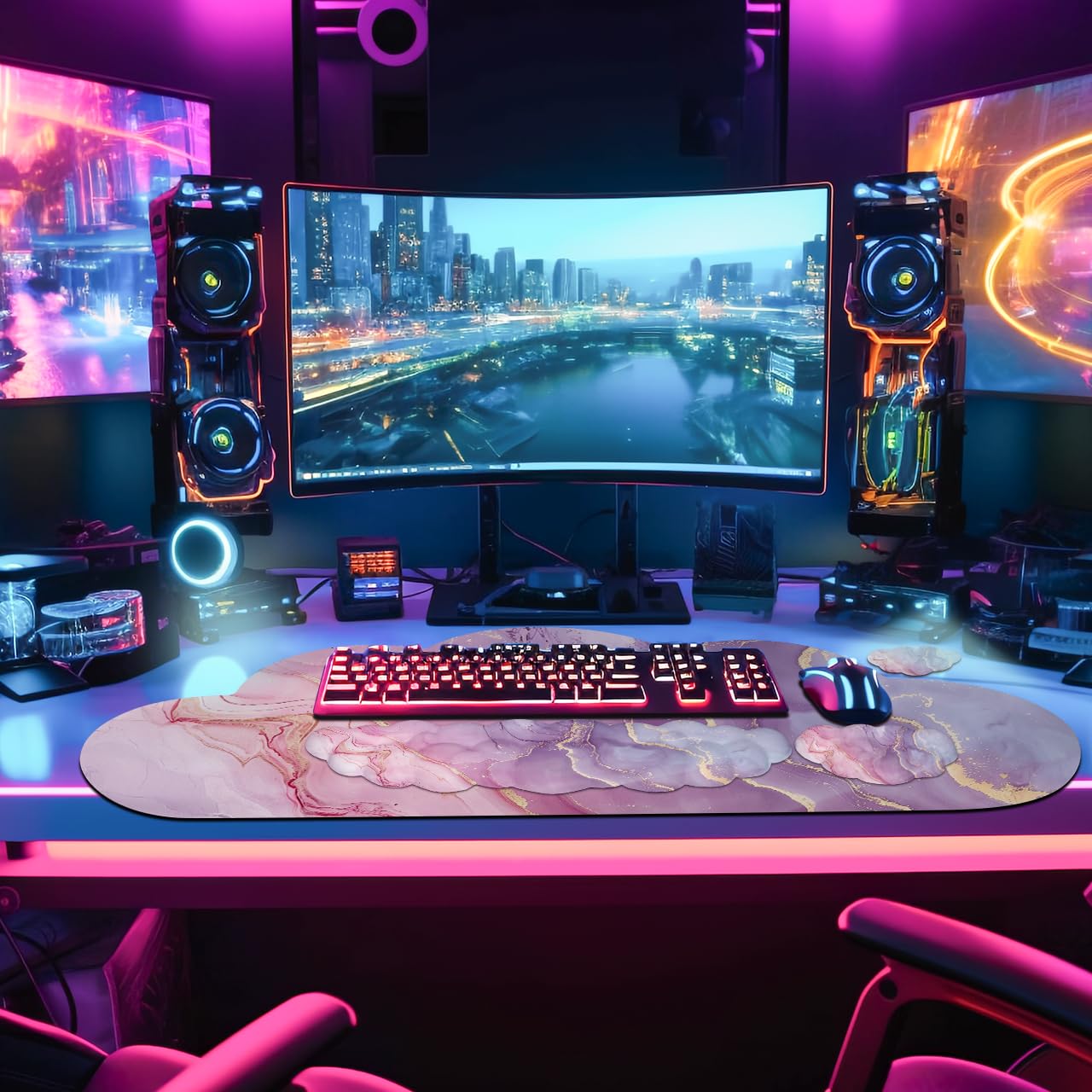 JIKIOU Large Cloud Mouse Pad Waterproof with Cloud Keyboard Wrist Pad and Cloud Mouse Wrist Pad Set, Ergonomic Computer Desk Wrist Support Mousepad for Keyboard and Mouse 35.4x15.7in Marble Pink