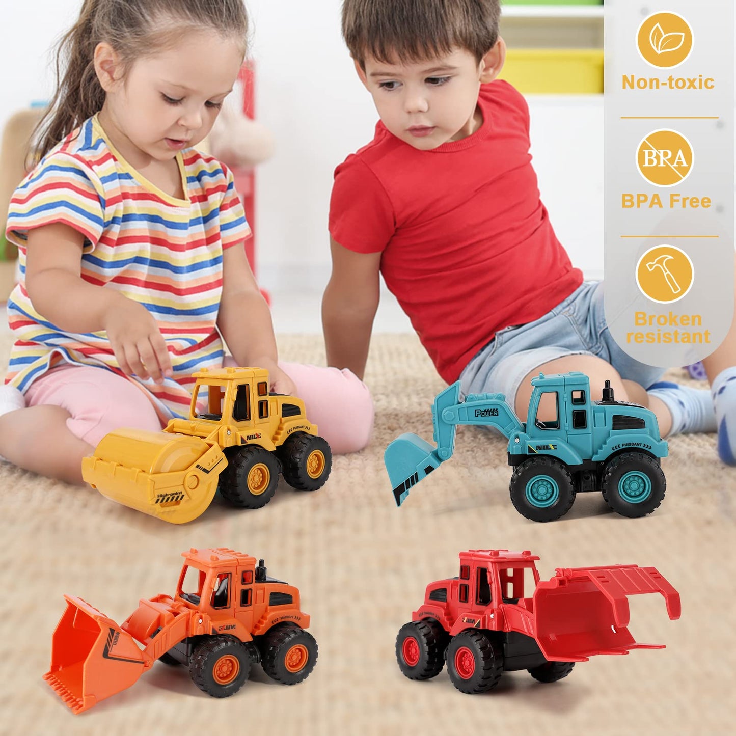 4Pcs Construction Toys,Friction Powered Construction Truck Toys Vehicles,Push and Go Construction Sand Truck Toys,Outdoor Toys with Bulldozer Excavator Roller Truck Gift for 3 4 5 6 7 8 Year Old Boys