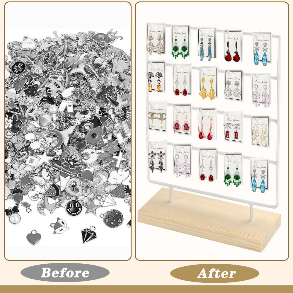 Kvittra Earring Display Stand for Selling, Wood Earring Rack Display Holder Stand, 4 Tier 20 Hooks Jewelry Display for Selling with 40pcs Earring Cards, Bracelets, Rings, Necklaces