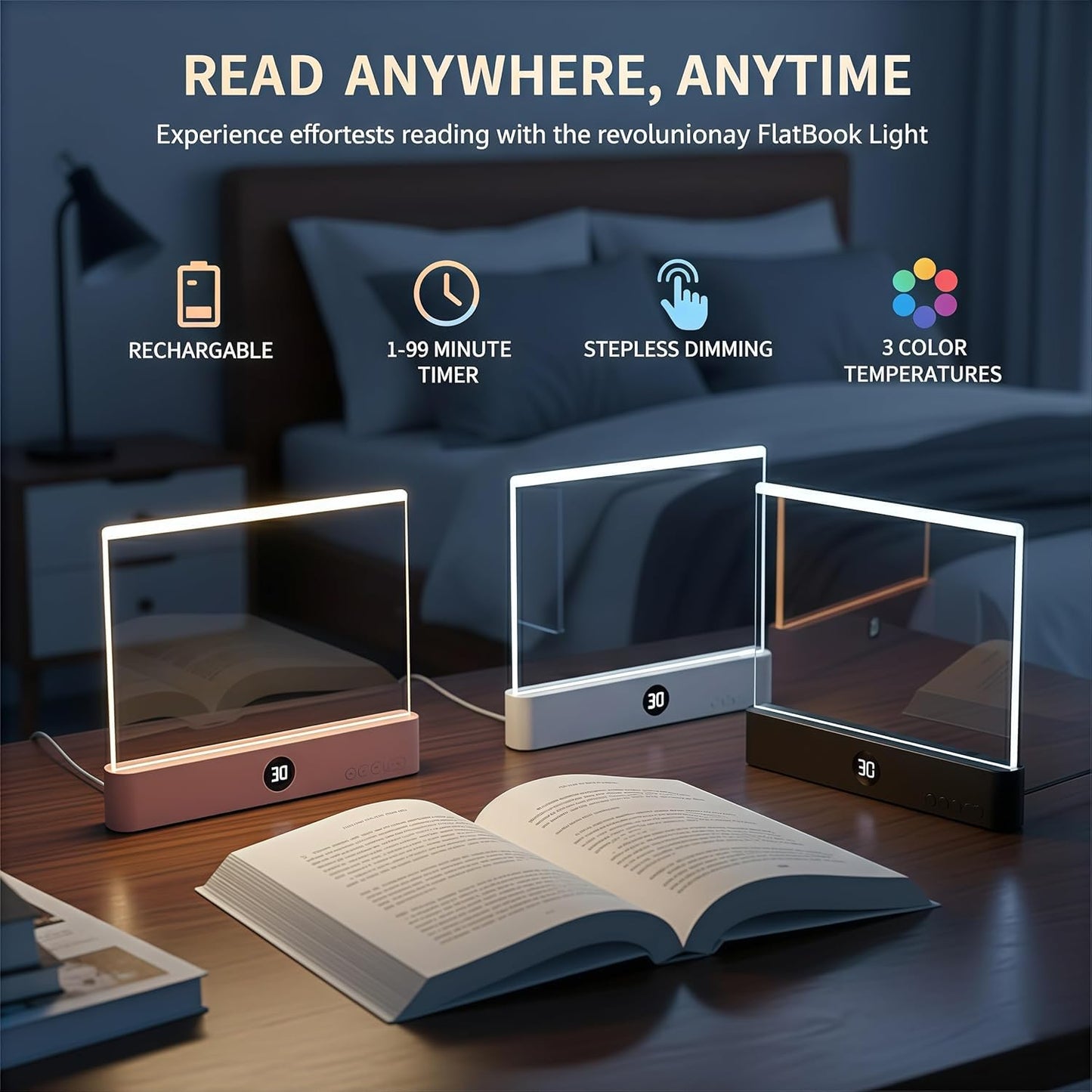 DENEZE White Smart Led Reading Light, Book Light Treasure Box, Rechargeable Clear LED Flat Reading Light with 3 Colors & Timer, Doodleable Study Lamp, The Quiet Reader's Dream Lights