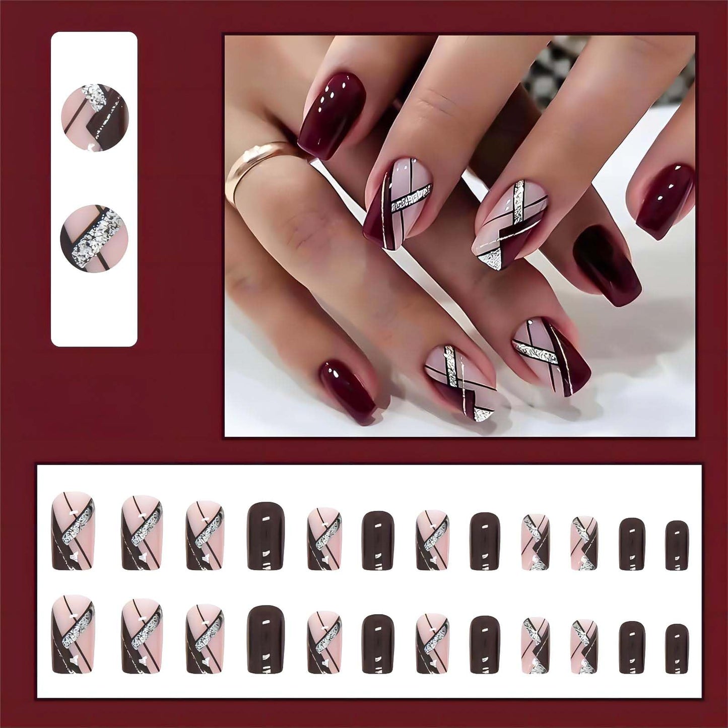 RUOKEXIN Acrylic Press on Nails, 24 Pcs Medium Square Fake Nails with Glue, Wine Red Designs, Glitter Lines, Holiday Nails