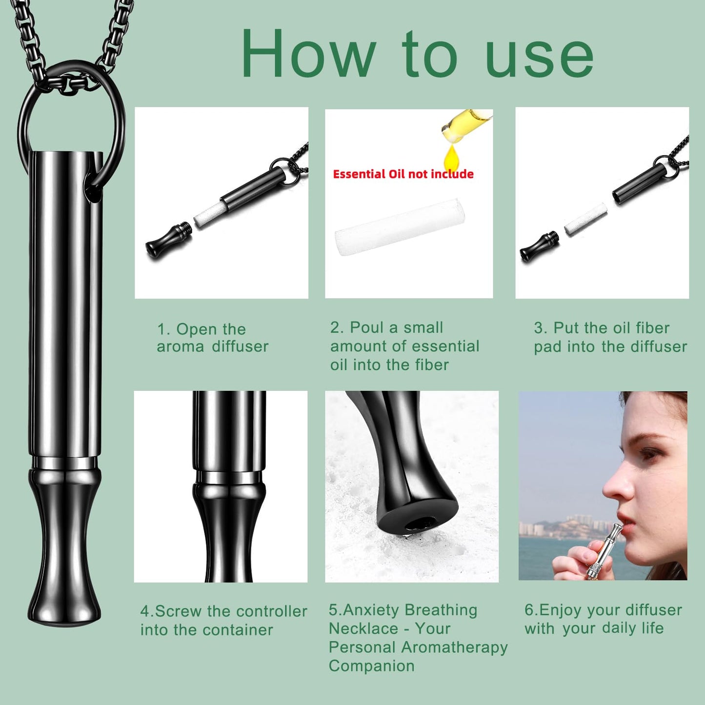 hooppoo Breathing Necklace for Calm & Focus - Personal Essential Oil Diffuser for Anxiety Relief, Quit Smoking, Yoga and Meditation - Reusable Stainless Steel Pendant for Women Men (Black)
