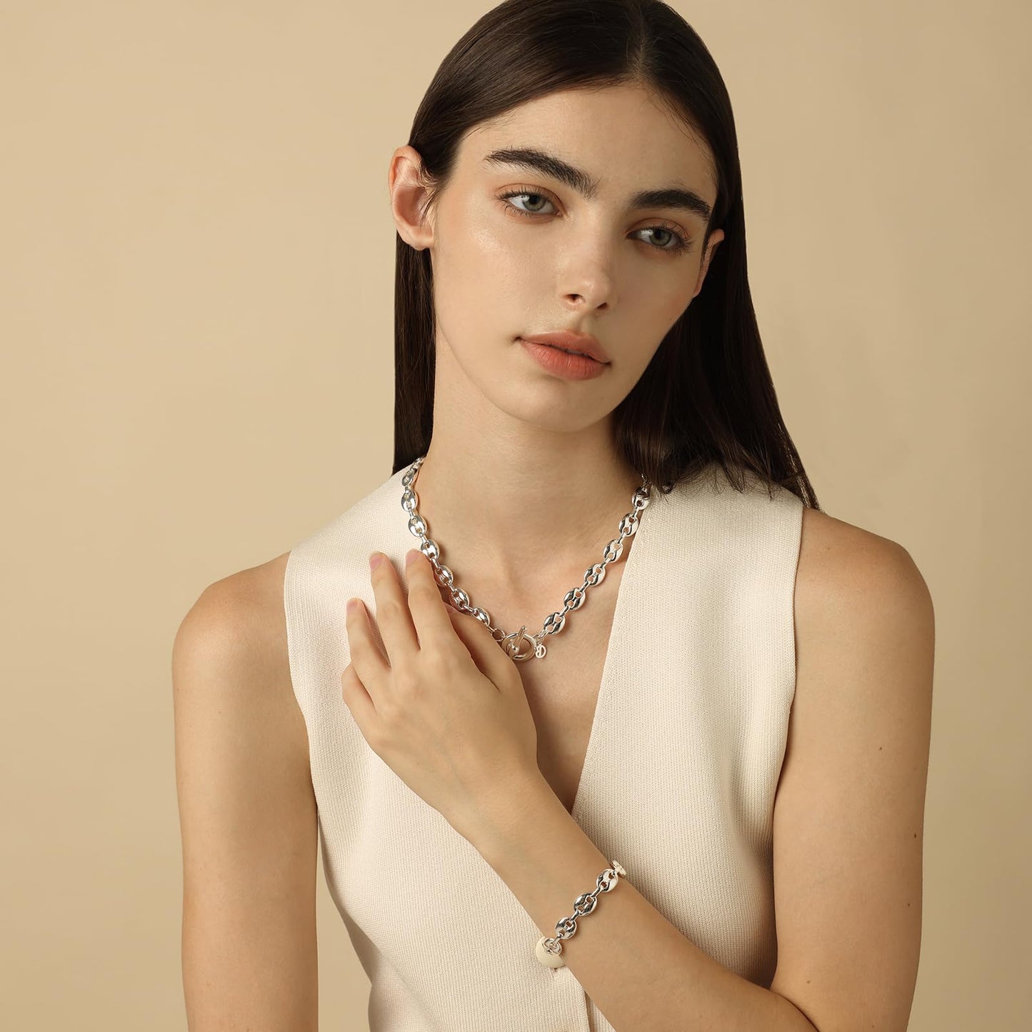 COBI Chunky Bracelets for Women, Paperclip Bracelets, Coffee Bean Chunky Link Bracelet, 18K Gold & Sterling Silver Plated, Stackable Thick Large Punk Jewelry-Coffee Bean Silver