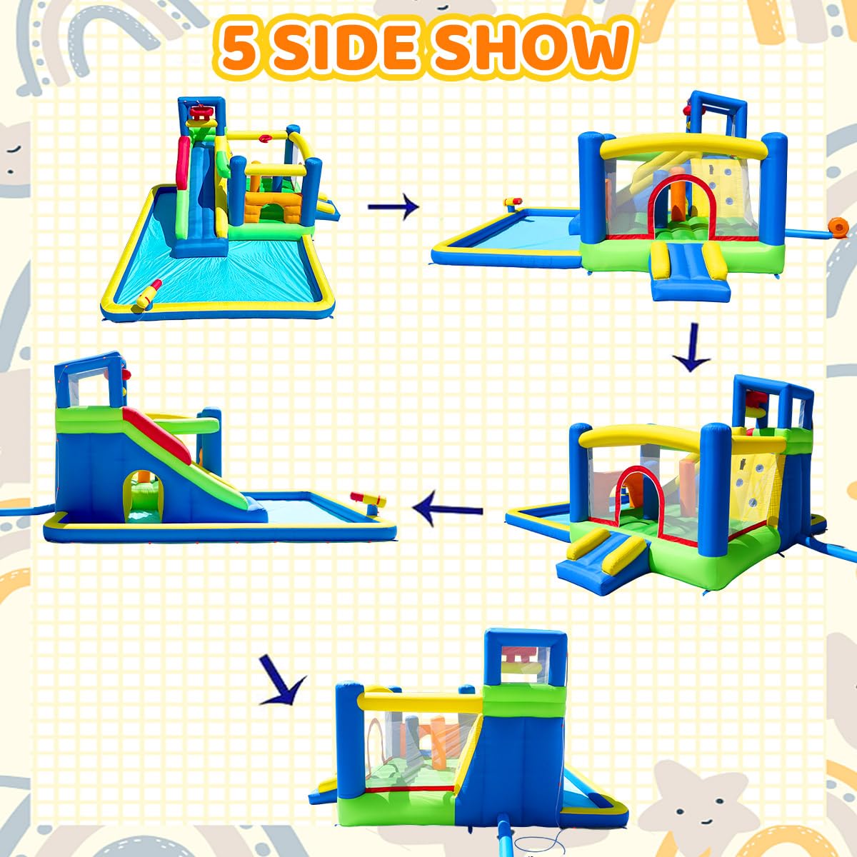 Baralir Upgrade 14.3x13.5FT Inflatable Water Park & Bounce House with Large Splash Pool, Long Slide, Climbing Wall, Basketball Hoop, Craw-Through Hole and Tunnel for Endless Summer Fun