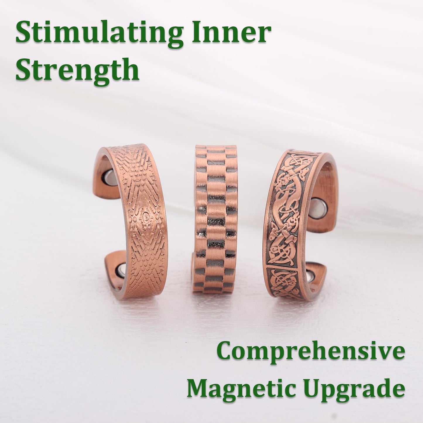 Fashtour 3 Copper Rings for Men, 99.99% Solid Pure Copper, 3pcs 3500 Gauss #9 Rings, Vintage & Cross Pattern Adjustable Cuff Ring