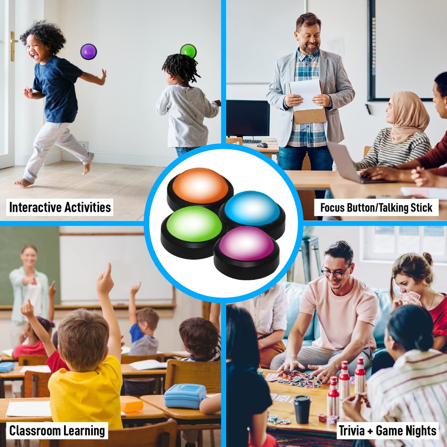 Teacher's Choice 4 Pack Light Up Game Buzzers with Unique Loud Sounds for Each Buzzer | Great for Trivia Games, Family Feud, Jeopardy, Competition, Spelling Bees and More