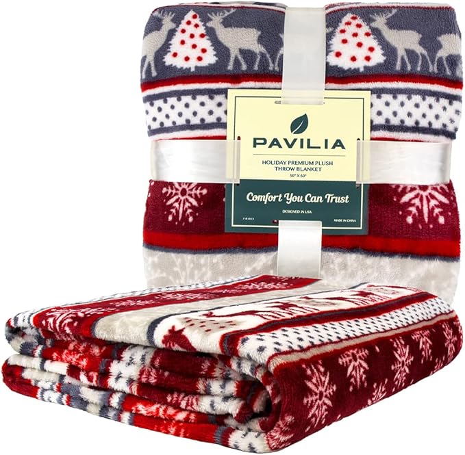 PAVILIA Christmas Throw Blanket | Holiday Christmas Reindeer Snowflakes Fleece Blanket | Soft, Plush, Warm Winter Cabin Throw, 50x60 (Christmas Red)