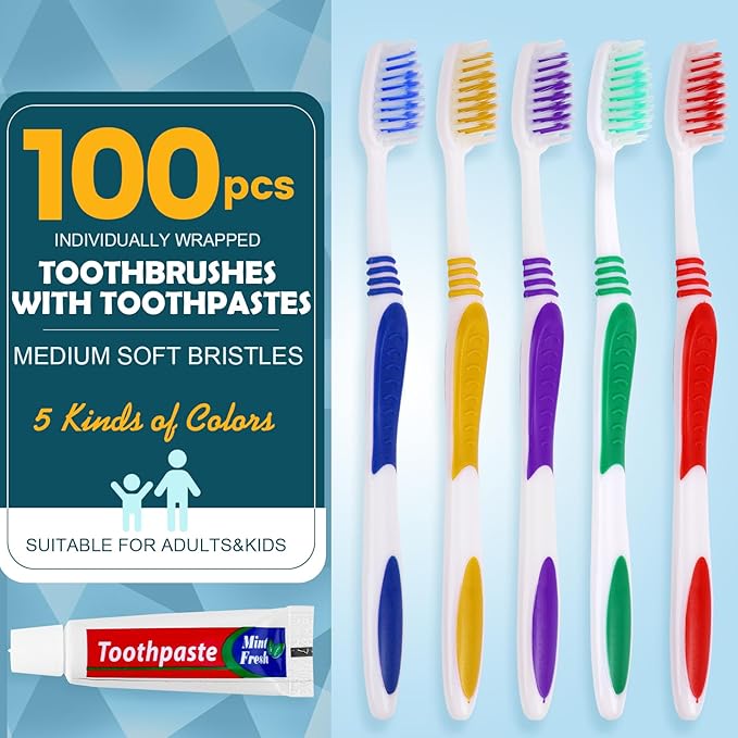 Navona 100 PCS Disposable Toothbrush with Toothpaste Bulk, Travel Toothpaste, Bulk Toothpastes, Individually Wrapped Bulk Toothbrush, Ergonomics Handle,Medium Soft Bristle, Perfect for Travel, Hotel