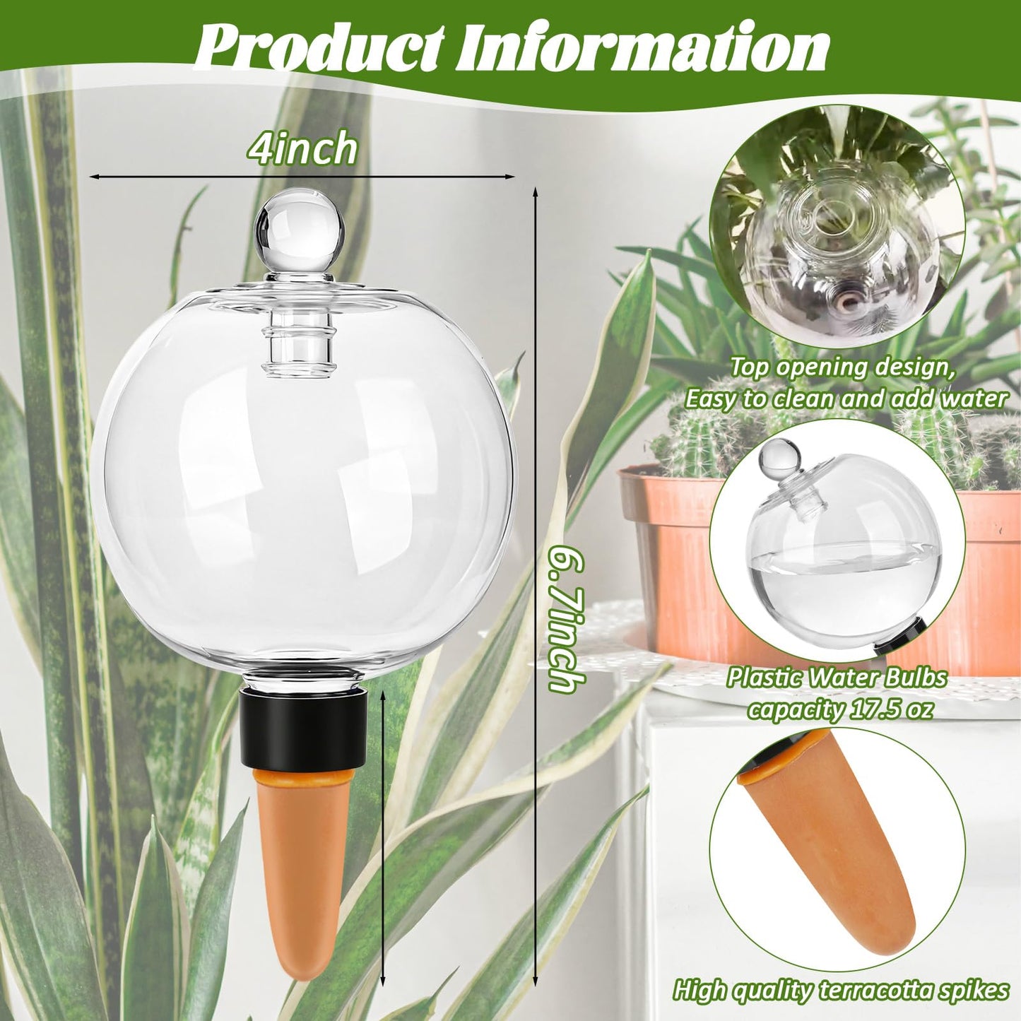 4 Pack 17.5 oz Plant Watering Globes with Covers Self Watering Planter Insert Top Fill Plastic Water Bulbs for Indoor and Outdoor Plants Watering Devices