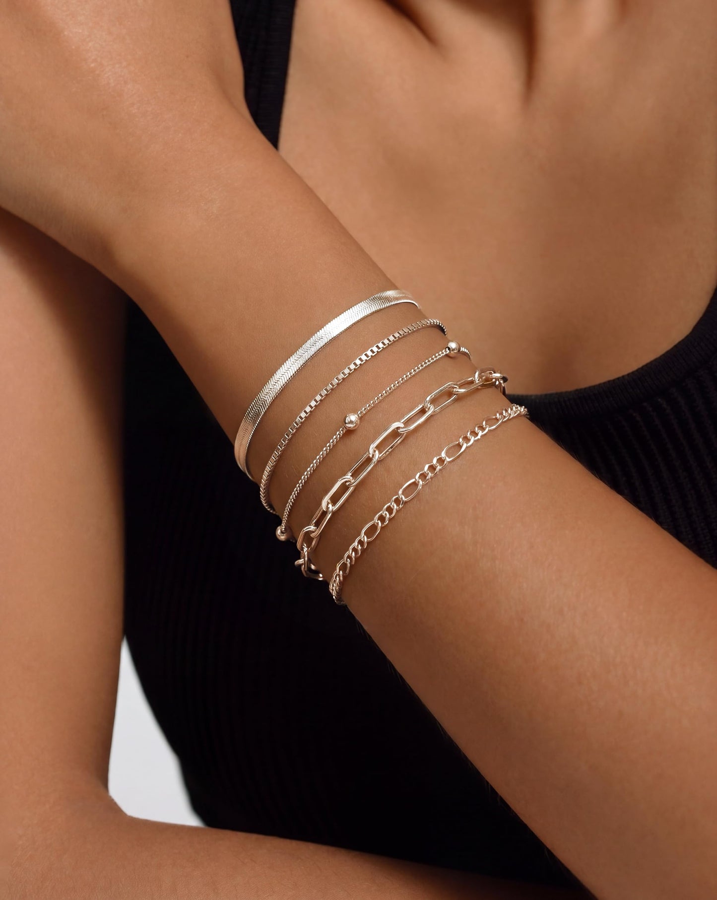 DEARMAY Silver Plated Bracelets for Women Dainty Silver Jewelry Sets Trendy Stackable Paperclip Rope Snake Box Figaro Chain Bracelets Pack Costume Fashion Gifts