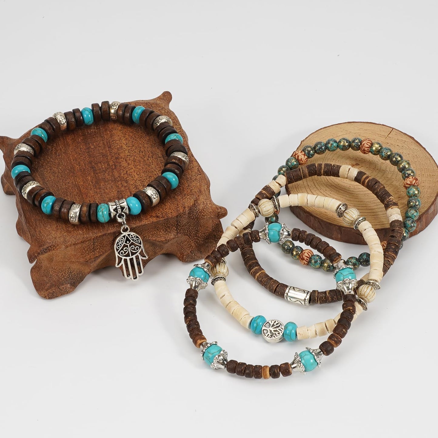 Briutn Boho Bracelets for Women Stackable Wooden Turquoise Adjustable Stretch Bracelet for Men