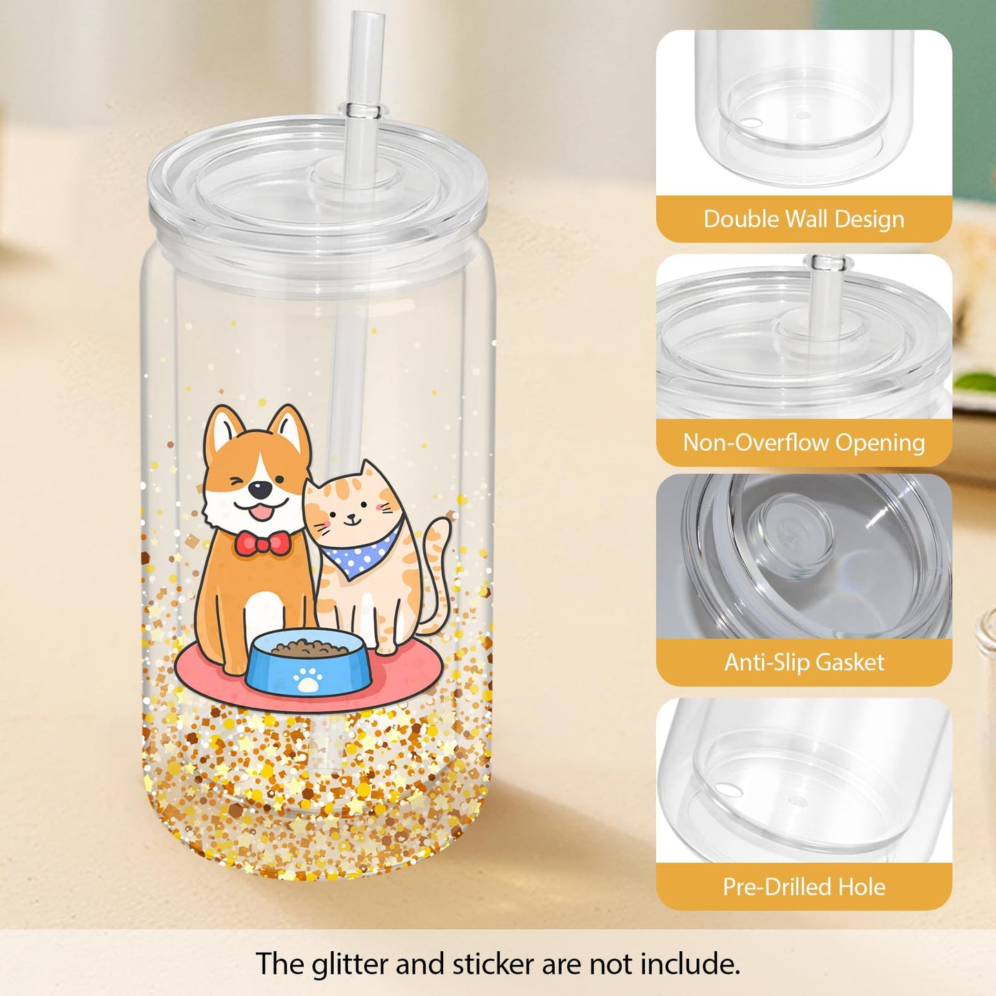 AZEAM 8 PCS Plastic Snow Globe Tumbler,16 oz Double Wall Tumbler with Pre Drilled Hole,Bulk Snow Globe Cups with Clear Lip and Straw,DIY Glitter Snowglobe(No gold powder)