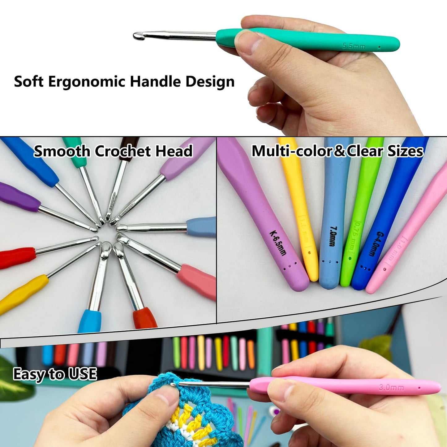 Hobekoee 22 Sizes Crochet Hooks Set with Grey Case,0.5mm-10mm Ergonomic Soft Handle Crochet Hook Needles Set for Arthritic Hands,Complete Crochet Set
