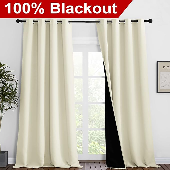 NICETOWN Cold Reducing Curtains, Thermal Insulated 100% Blackout Curtains, Sound Proof Drapes with Black Backing, Full Light Blocking Panels for Patio Sliding Door (Beige, 1 Pair, 55" x 102")