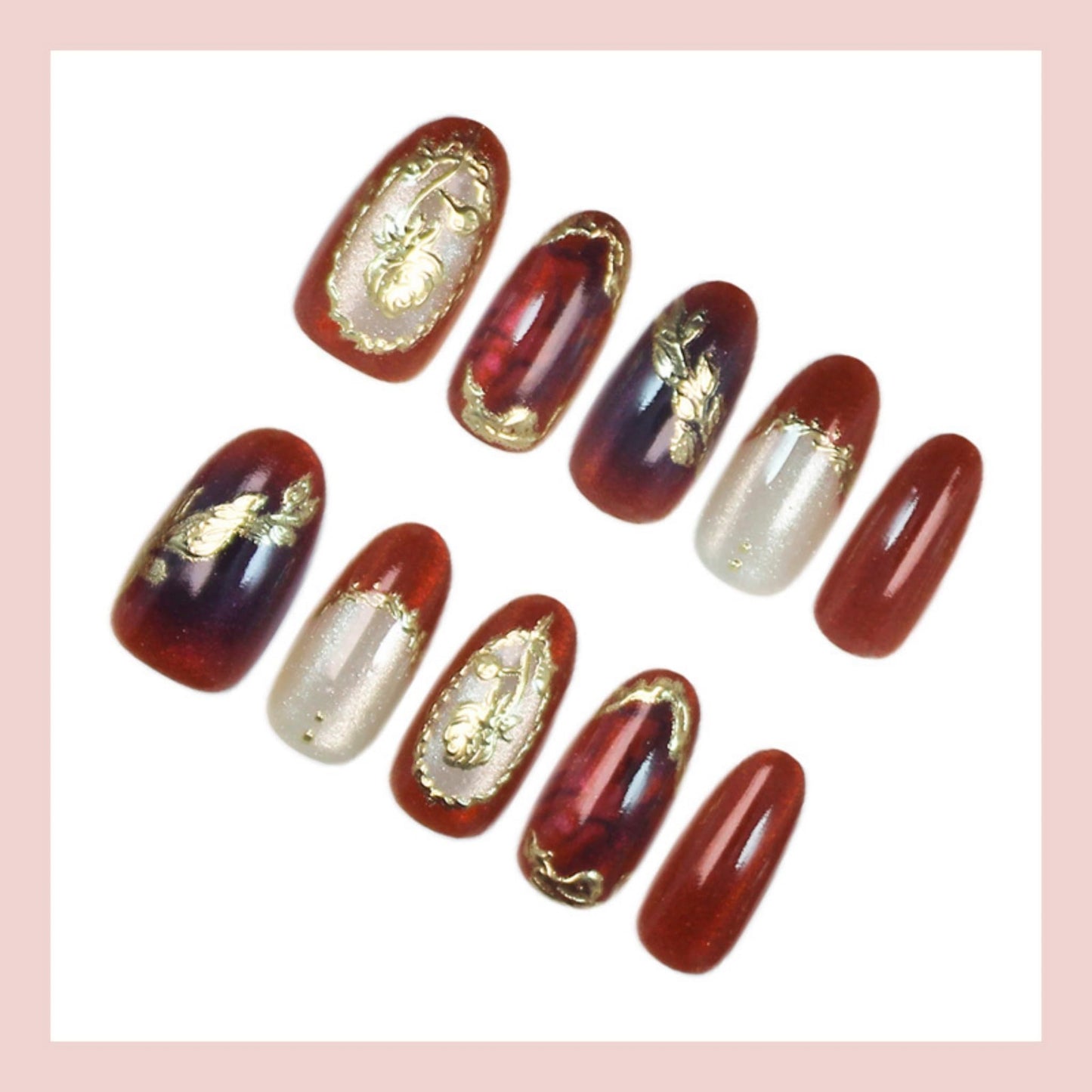 Medium Press on Nails Almond Fake Nails Red Artificial Nail Gold Charm Designs Flowers Stick on Nail for Women 30pcs