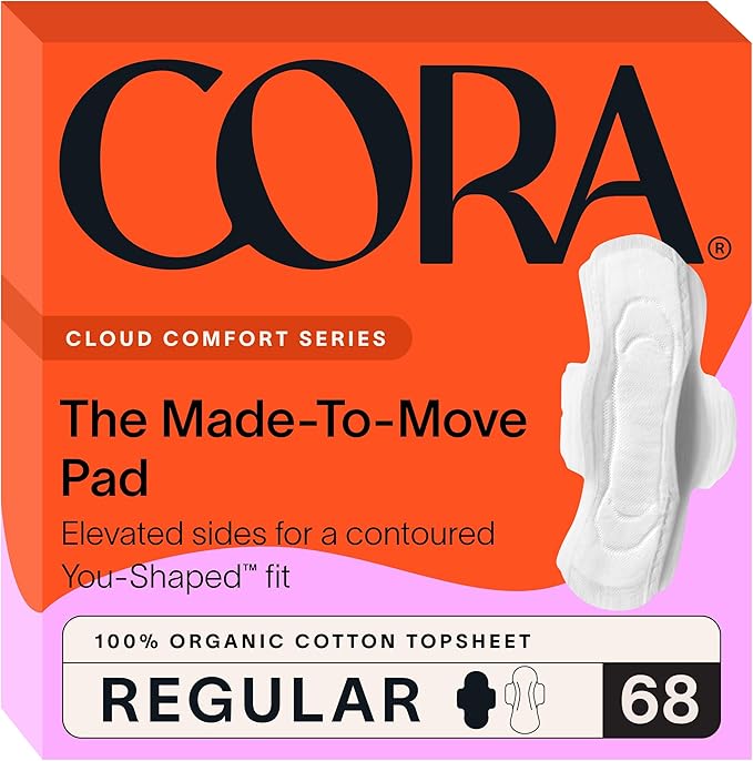 Cora Made-to-Move Regular Pads with Wings, Organic Cotton Topsheet Ultra Thin Feminine Care Pads for Women, Soft, Comfortable & Breathable Menstrual Pad, Regular Absorbency, Unscented, 68 Count