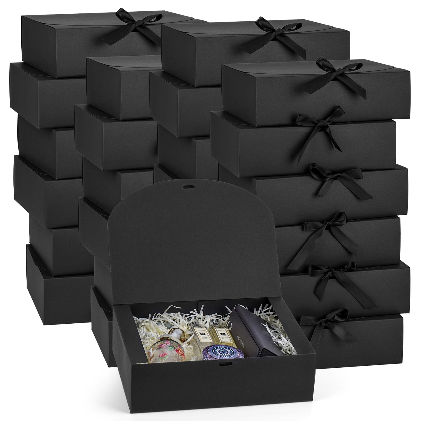 24 Pack Gift Boxes with Lids, 10.6x7.8x3.1 Inch Groomsmen Proposal Box, Luxury Black Gift Box with Ribbon for Wedding, Packaging, Present, Birthday (Black)