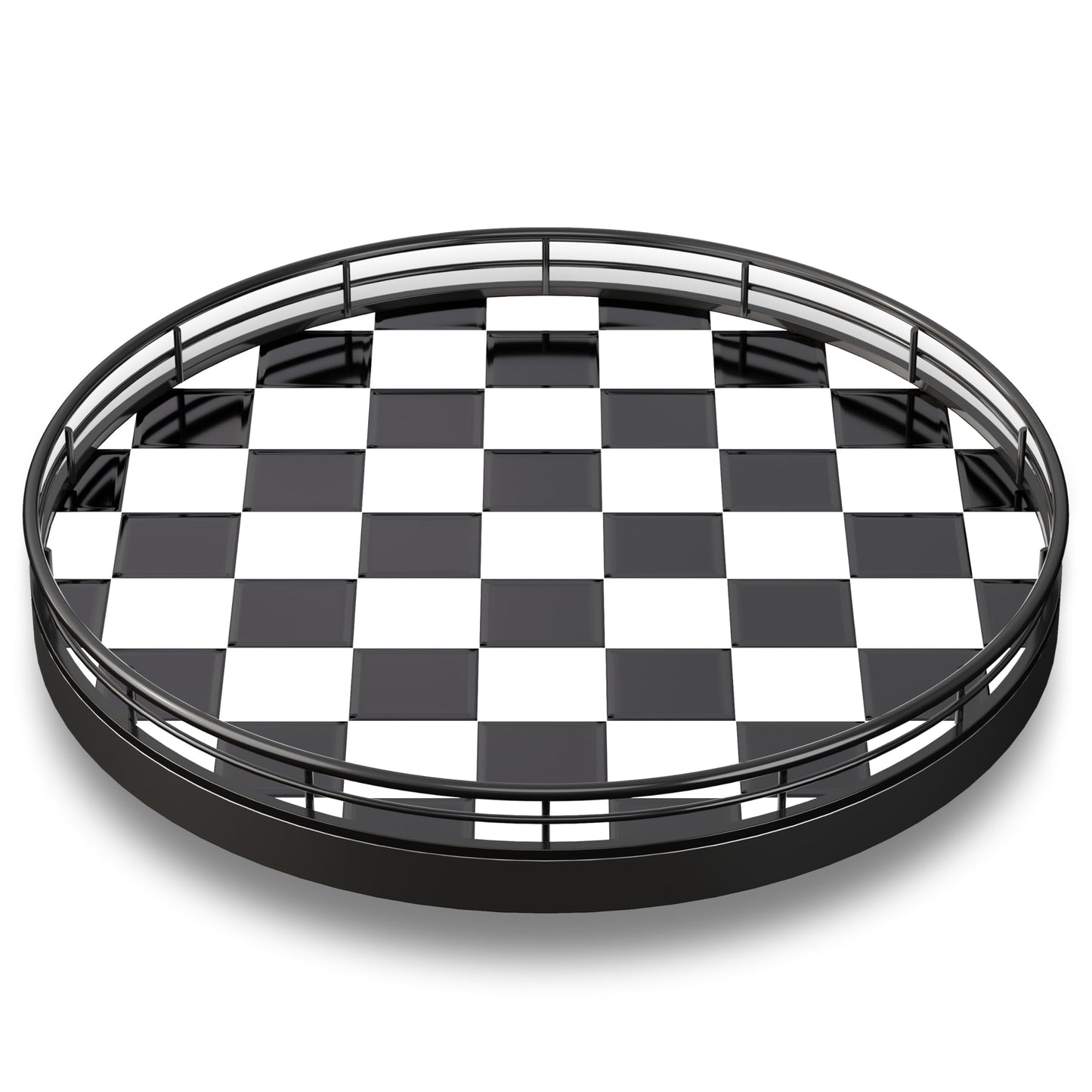 10.2-Inch Black & White Checkerboard Lazy Susan Organizer – Rotating Serving Tray with Oak Base, Iron Frame, & Ceramic Tile –Perfect for Dining Table, Kitchen Cabinet, Bathroom Countertop, Home Décor