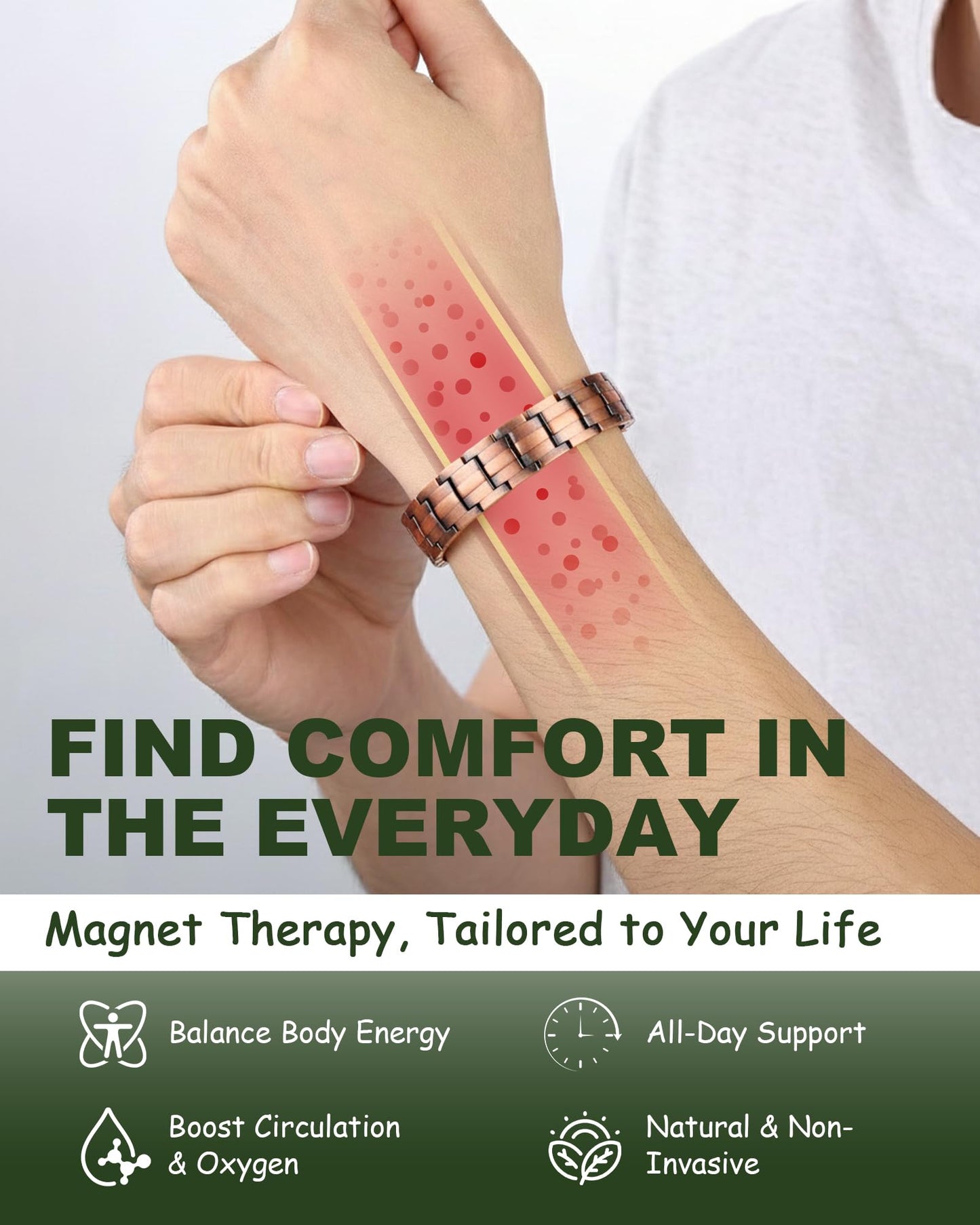 MagEnergy Copper Magnetic Bracelet for Men, 99.9% Pure Copper Bracelet with Double-Row Strength Magnets, Adjustable Jewelry with Sizing Tool