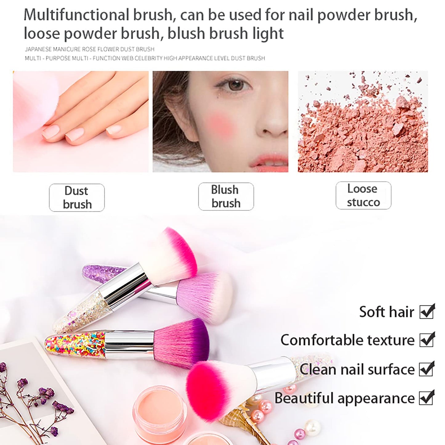 DANNEASY 3pcs Nail Dust Brush Nail Brushes for Cleaning Dust Nail Powder Brush Nail Duster Large Makeup Blush Brush Nail Art Brush Set Nail Art Tools