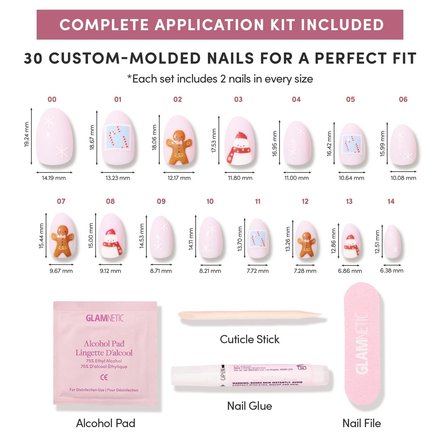 Glamnetic Press-On Nails Bundle - Cocoa & Kisses, Hailey & Think Pink | Oval Nude Nails with Festive Winter Graphics | Glazed Almond Nails | Light Pastel Pink Short Oval Fake Nails