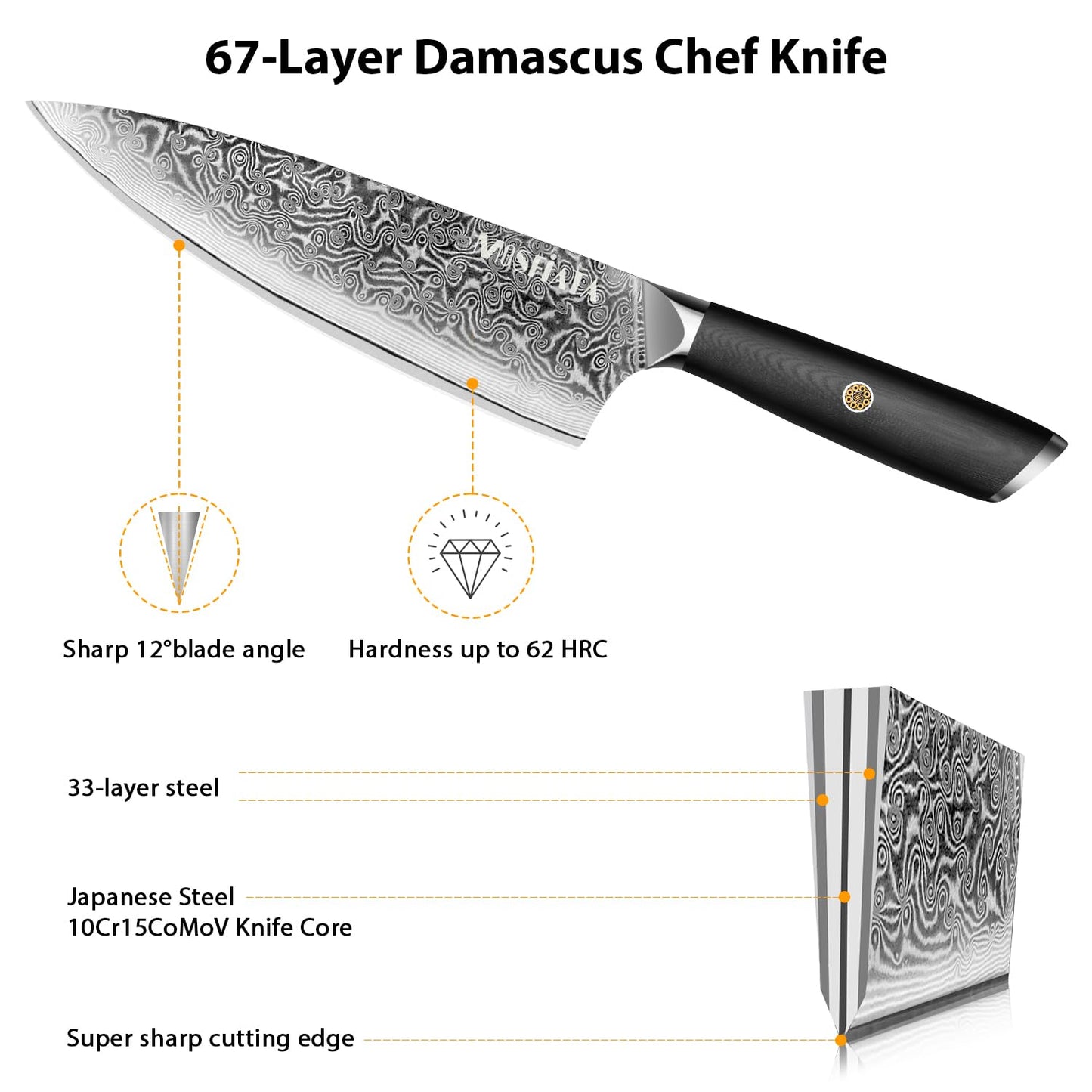 MOSFiATA Damascus Chef Knife 8", Professional Sharp Kitchen Knife 67 Layers Damascus Stainless Steel VG10 Core, Chef's Knives Chopping Cooking Knife Set with Ergonomic G10 Handle Sharpener Gift Box