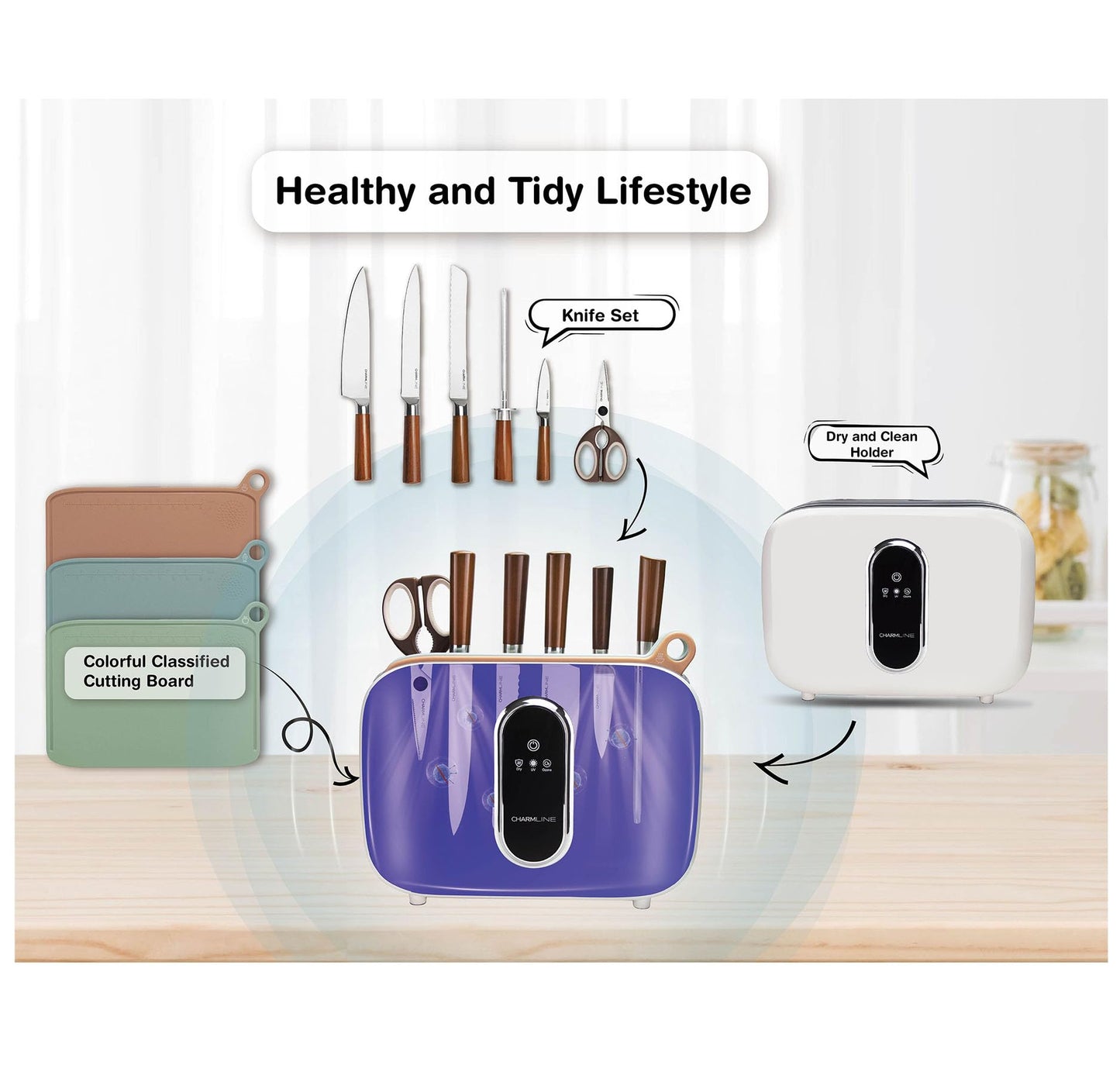 Charmline Smart Cutting Board and Knife Set with Holder, Self-Cleaning & Drying, Space-Saving Kitchen Organizer, Practical Gift for Mom, Housewarming, Birthday & Christmas