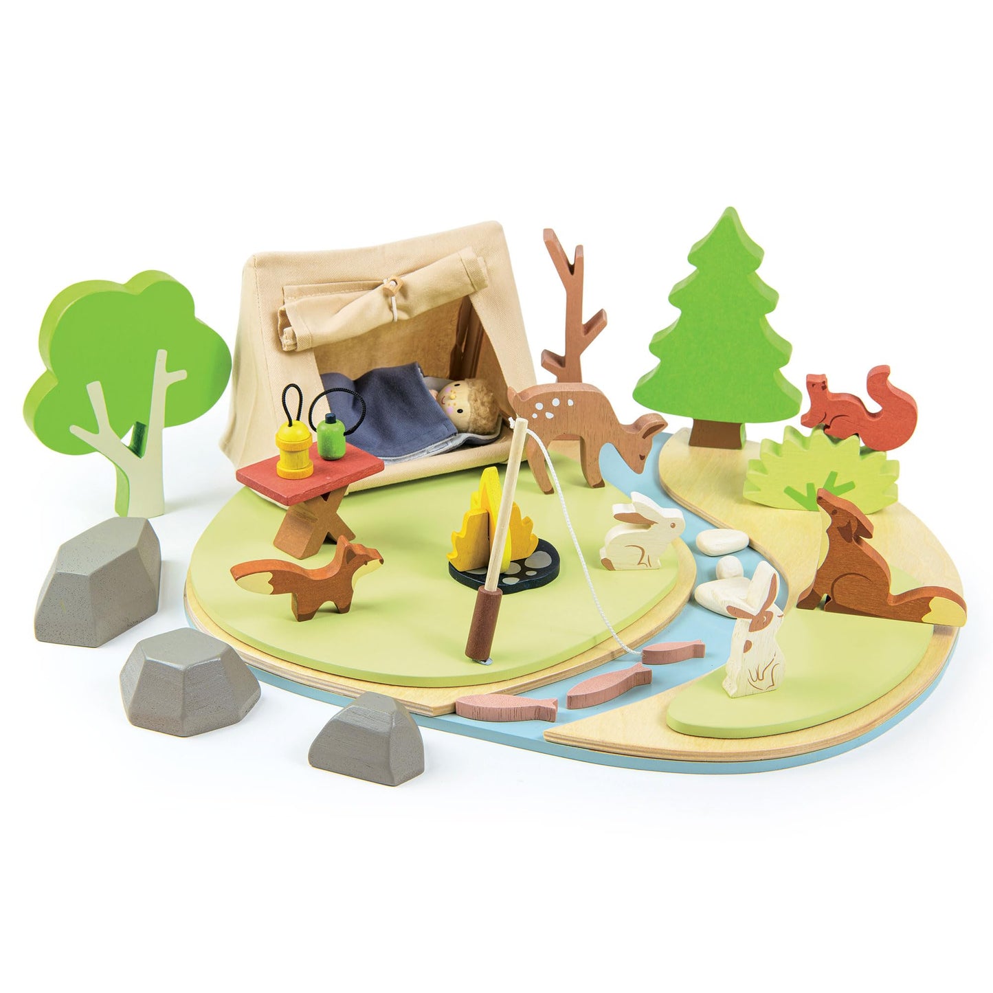 Tender Leaf Toys - Wildlife Camping Playset - Wooden Doll Sized Camping Set with Tent, Campfire, Fishing Rod & Accessories - Imaginative Play Set - Develop Storytelling & Fine Motor Skills - Age 3+