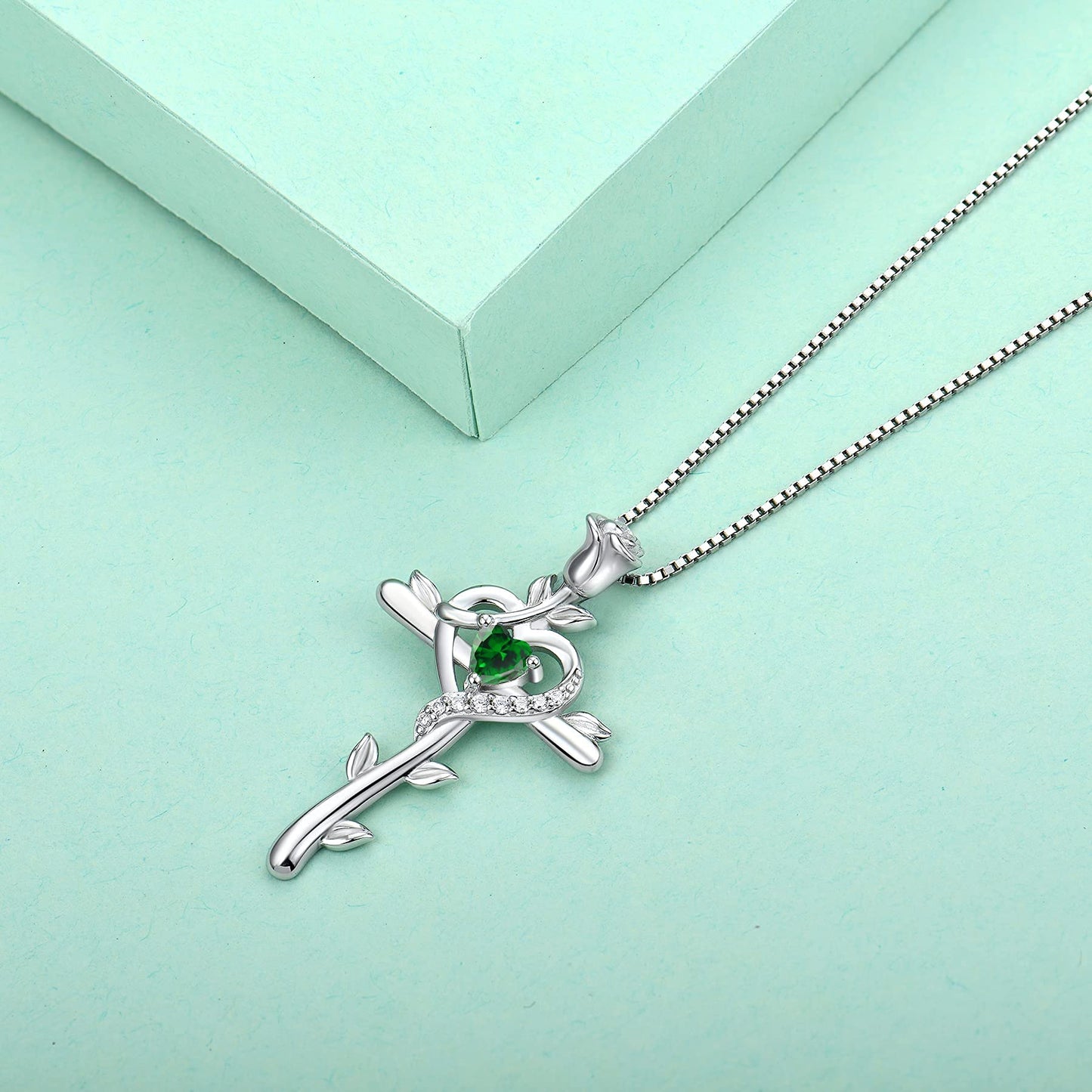 STARCHENIE Rose Cross Necklace 925 Sterling Silver Heart Crucifix Pendant Created Emerald Jewelry for Women