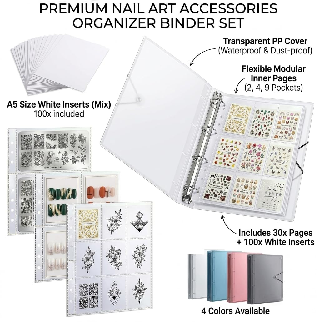 3-in-1 Press On Nail Storage Book,A4 Nail Art Organizer, 2/4/9-Pockets A4 Binder for Nail Stickers, Stamping Plates, and Press-on Nails, Professional Decal Holder for Nail Techs;sticker organizer