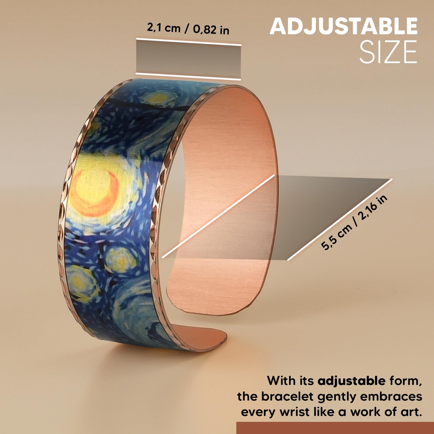 Moreni Copper Bracelet for Men & Women – Handmade Engraved Cuff Inspired by “The Starry Night” – Artistic Pure Copper Jewelry with Gift Wooden Box