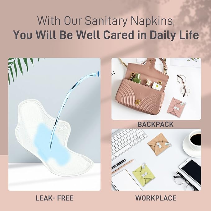 Langsprit Cotton Reusable Period Pads for Women, Washable Pads Menstrual, Regular Absorbency Cotton Cloth Menstrual Pads 3pcs Set with Mini Wet Bag, Suitable for Menstrual Period