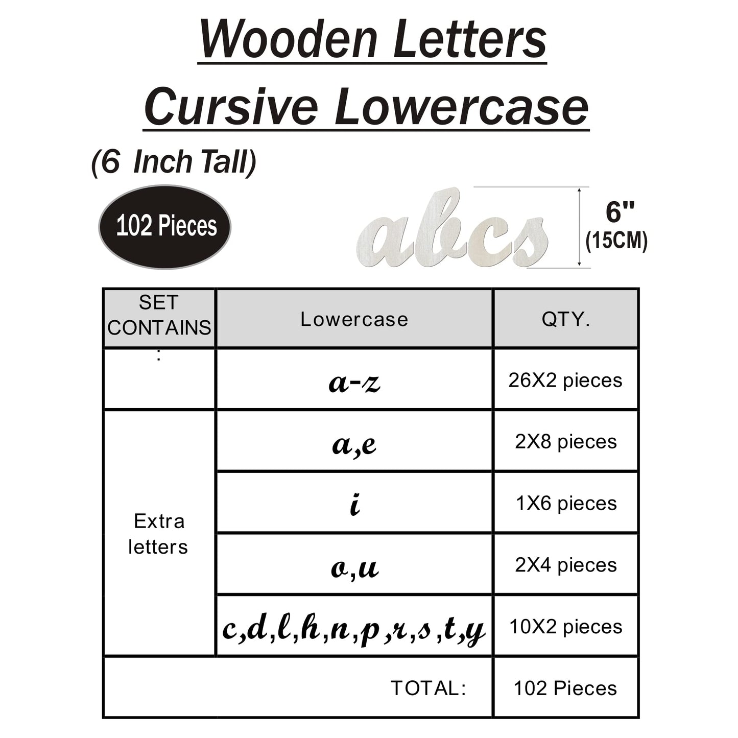 3.7 to 6 Inch 102 Pieces Wood Letters Cursive Lowercase Unfinished Thin Wooden Alpabets a-z for Crafts