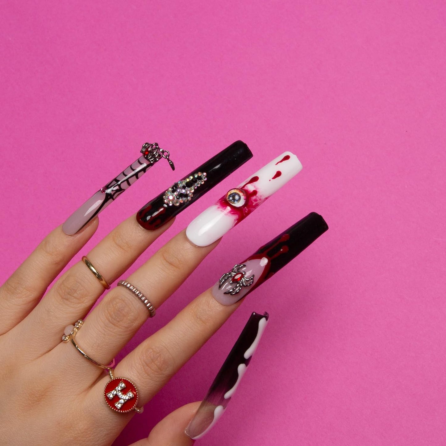 LOVFUL Press on Nails Final Destination | Handmade with Full Covered Crystals | Reusable Fake Nails | Square Long 2.2 in | H133-M