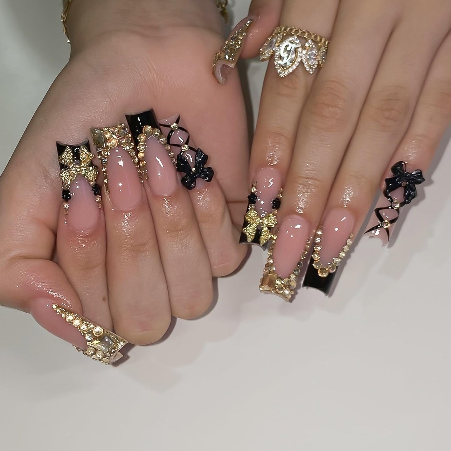 Handmade Press on Nails Long Square - Gothic Coquette Black Bows & Gold Rhinestone Fake Nails, Luxury Balletcore Lace-up False Nails, 10 Pcs for Women (Size M)