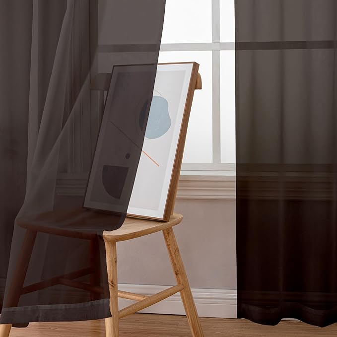 Simplebrand Chocolate Sheer Curtains 63 Inch Length 2 Panels, Rod Pocket Solid Color Window Sheer Curtain Panels, Elegant Curtains & Drapes for Living Room, Bedroom 2 Panels (42" W x 63" L)