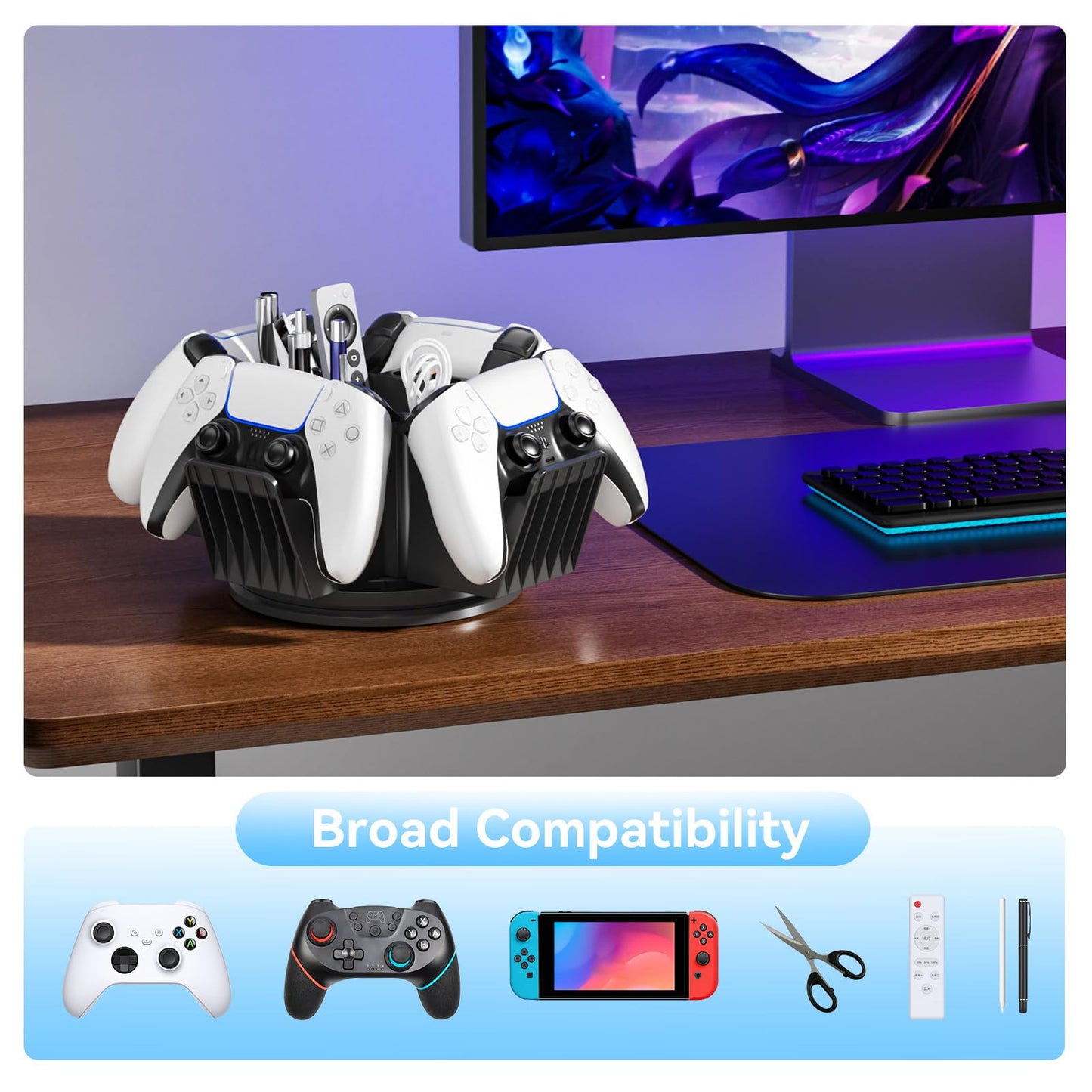 KDD Controller Organizer for Desktop - 360°Rotatable Controller Holder with Storage Box - Universal Stand for 4 Controllers, Desk Organizer for Switch Remote Control Pen Gamer Accessories